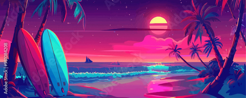 Tropical beach, palm trees, surfboards, and waves, summer vacation, neon style, vector illustration, flat style.