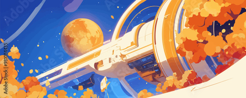 Futuristic space station orbiting a distant planet. Vector flat minimalistic isolated illustration.