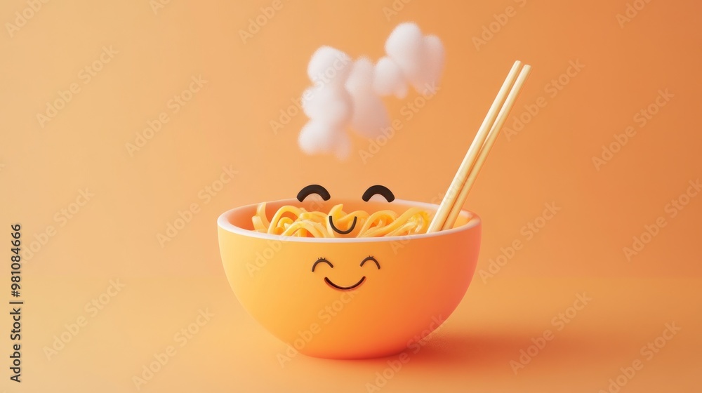 A cheerful bowl of noodles with smiling face and steam, set against a warm orange background. A cheerful bowl of noodles with smiling face and steam, set against a warm orange background.
