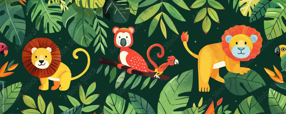 Naklejka premium Playful jungle animals like monkeys, lions, and parrots with tropical plants, flat, vector illustration, seamless pattern background design