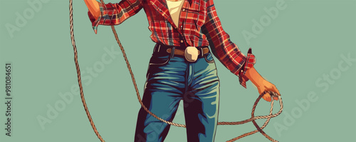 Playful pin-up cowgirl in a plaid shirt and jeans, holding a lasso, flat, vector illustration, pin-up style.