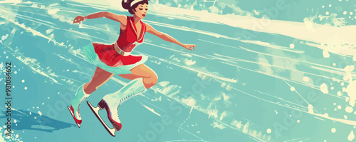 Playful pin-up ice skater in a retro skating outfit, spinning on the ice, flat, vector illustration, pin-up style.
