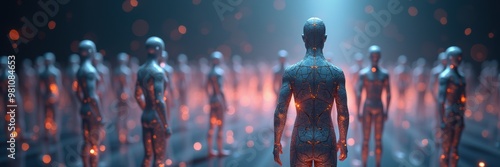 A surreal scene of humanoid figures illuminated in a futuristic setting, representing themes of technology, identity, and innovation.