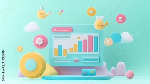A colorful 3D illustration of a data dashboard with playful elements.