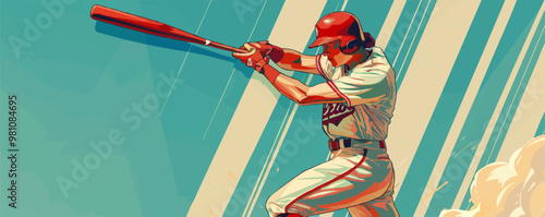 A baseball player is swinging a bat in a game. The image has a bright and lively mood, with the player's focus and determination evident in his stance. The scene captures the excitement