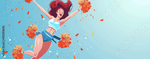 Playful pin-up cheerleader with pom-poms, jumping in the air with a big smile, flat, vector illustration, pin-up style.