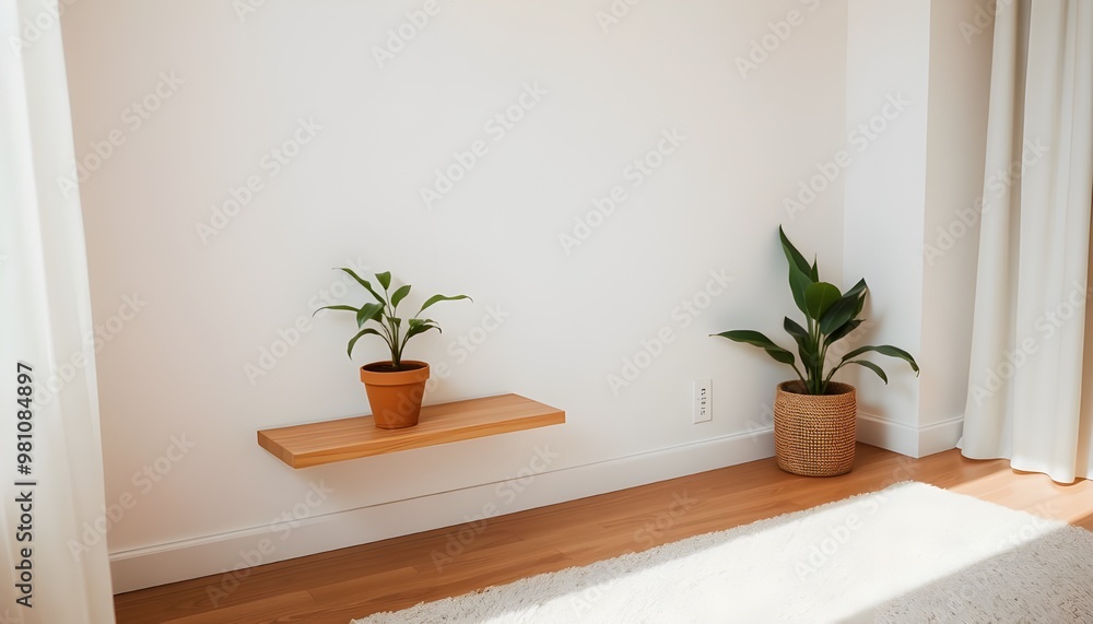 Cozy corner of a minimalist room featuring a small potted plant on a simple wooden shelf, with neutral-toned walls and a soft rug. Cozy corner of a minimalist room featuring a small potted plant on a simple wooden shelf, with neutral-toned walls and a soft rug.