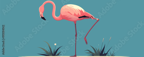 Graceful flamingo standing on one leg, Vector flat minimalistic isolated illustration