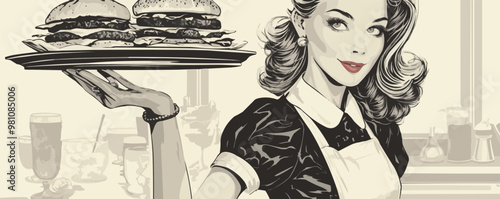 Playful pin-up waitress balancing a tray of food, in a retro diner setting, vector illustration, pin-up style, scratch board imitation, black and white image.