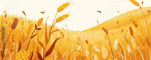 Golden cornfield swaying in the breeze. Vector flat minimalistic isolated illustration