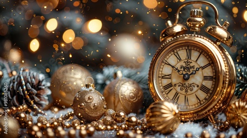 Golden Christmas Ornaments and Vintage Alarm Clock on Snowy Surface With Sparkling Lights