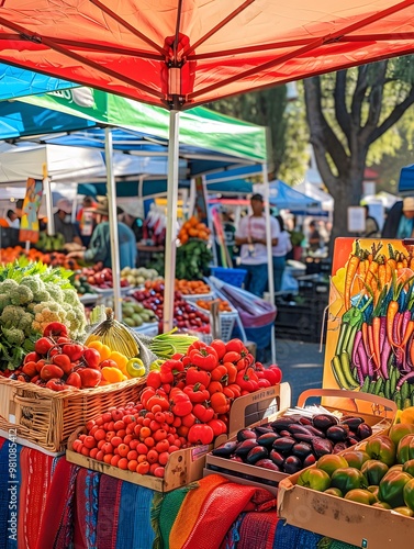 Illustration of A vibrant farmer's market with stalls selling eco-friendly products like reusable bags, bamboo utensils, and organic produce, with an artful display of carbon credits