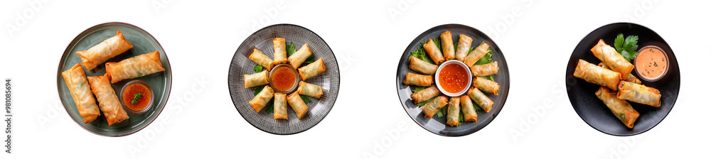 Plate of spring rolls with dipping sauce isolated on a transparent background, top view Plate of spring rolls with dipping sauce isolated on a transparent background, top view