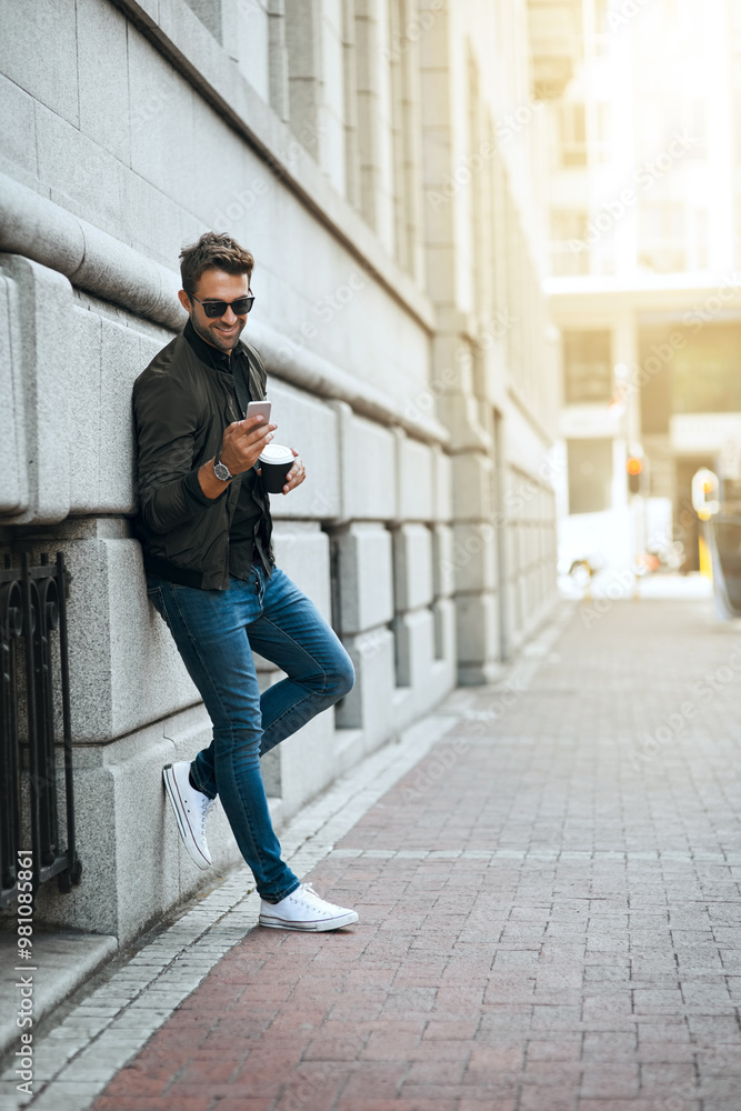 City, phone and travel with man on sidewalk to search for directions to sightseeing location abroad. Fashion, smile and sunglasses with happy tourist person outdoor in urban town for overseas trip City, phone and travel with man on sidewalk to search for directions to sightseeing location abroad. Fashion, smile and sunglasses with happy tourist person outdoor in urban town for overseas trip