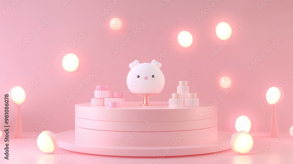 A whimsical display featuring a cute character on a pastel pink cake stand with soft lighting. A whimsical display featuring a cute character on a pastel pink cake stand with soft lighting.