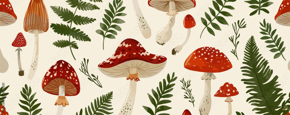 Forest mushrooms and ferns seamless pattern background, woodland theme with natural elements, vector pattern. Forest mushrooms and ferns seamless pattern background, woodland theme with natural elements, vector pattern.