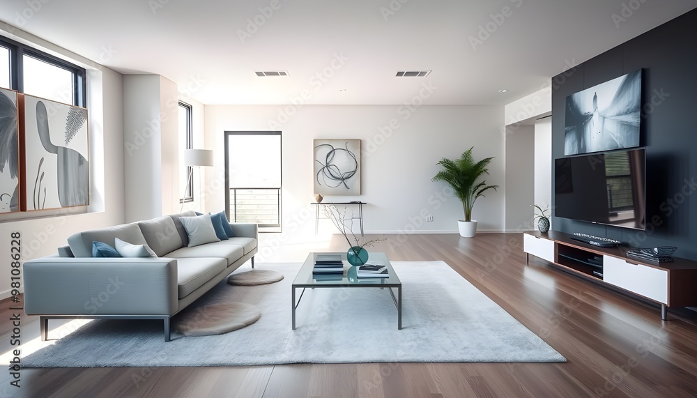 A spacious, uncluttered living room featuring a sleek, modern sofa, a glass coffee table, and a minimalist floor lamp. A spacious, uncluttered living room featuring a sleek, modern sofa, a glass coffee table, and a minimalist floor lamp.