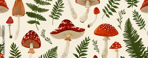 Forest mushrooms and ferns seamless pattern background, woodland theme with natural elements, vector pattern.