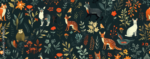 Forest wildlife and foliage seamless pattern background, natural habitat with animals and plants, vector pattern.