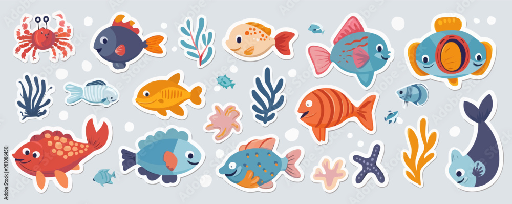 Adorable undersea stickers set with fish, crabs, and seaweed, ideal for ocean-themed projects and aquariums, flat stickers set, vector illustration. Adorable undersea stickers set with fish, crabs, and seaweed, ideal for ocean-themed projects and aquariums, flat stickers set, vector illustration.