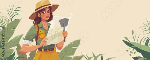 Adventurous pin-up archaeologist in a safari outfit, holding a map and shovel, flat, vector illustration, pin-up style.