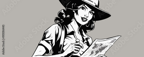 Adventurous pin-up archaeologist in a safari outfit, holding a map and shovel, flat, vector illustration, pin-up style.