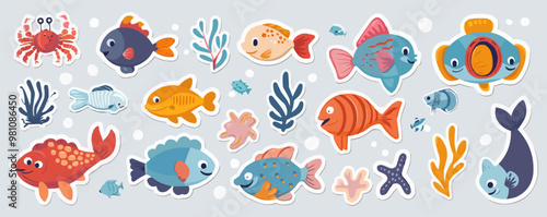 Adorable undersea stickers set with fish, crabs, and seaweed, ideal for ocean-themed projects and aquariums, flat stickers set, vector illustration.