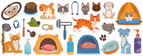 Adorable pet care stickers set with grooming tools, pet beds, and accessories, ideal for pet owners and animal lovers, flat stickers set, vector illustration