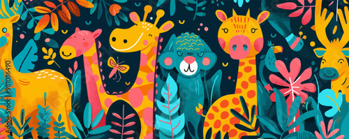 Funky wildlife. Stylized animals, bright colors, playful patterns, and exaggerated features, bringing a fun and quirky touch to nature, vector illustration, flat