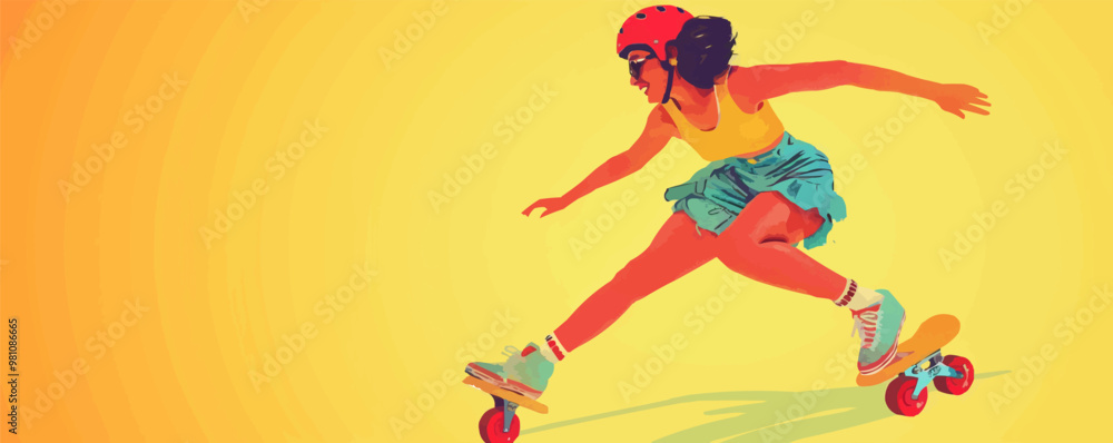 Fototapeta premium Fun pin-up roller skater in colorful attire, skating with a big smile, flat, vector illustration,
