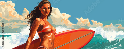 Adventurous pin-up surfer girl in a retro bikini, holding a surfboard, flat, vector illustration, pin-up style.