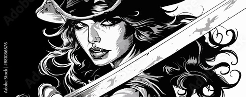 Adventurous pin-up pirate girl in a classic pirate outfit, holding a sword, vector illustration, pin-up style, scratch board imitation, black