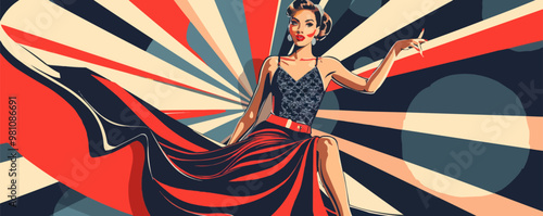 Glamorous pin-up fashion model in a stunning dress, posing on a runway, flat, vector illustration, pin-up style.