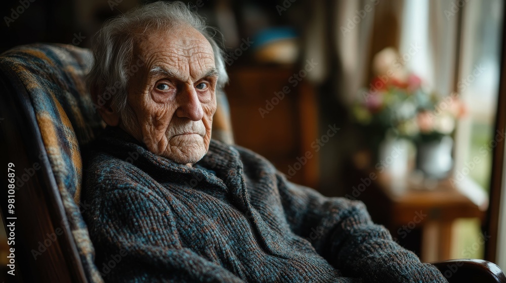 An elderly person sitting in a rocking chair, their weathered face and contemplative gaze reflecting a lifetime of experiences An elderly person sitting in a rocking chair, their weathered face and contemplative gaze reflecting a lifetime of experiences