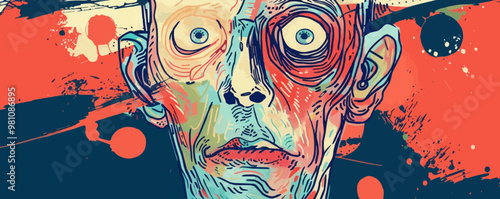 Art Brut portrait with raw, expressive lines and intense emotions, flat portrait, vector illustration.