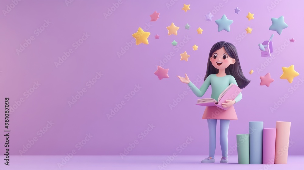 A cheerful girl with a book surrounded by colorful stars and blocks, symbolizing imagination. A cheerful girl with a book surrounded by colorful stars and blocks, symbolizing imagination.