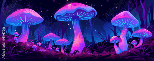 Glow-in-the-dark mushrooms, enchanted forest elements, fantasy nature, neon style, vector illustration, flat style.