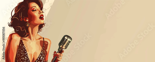 Glamorous pin-up singer in a sparkling dress, holding a vintage microphone, flat, vector illustration, pin-up style.