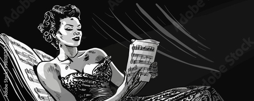 Glamorous pin-up model in a polka dot dress, leaning against a classic car, vector illustration, pin-up style, scratch board imitation, black and white image.