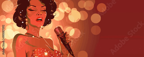 Glamorous pin-up singer in a sparkling dress, holding a vintage microphone, flat, vector illustration, pin-up style.
