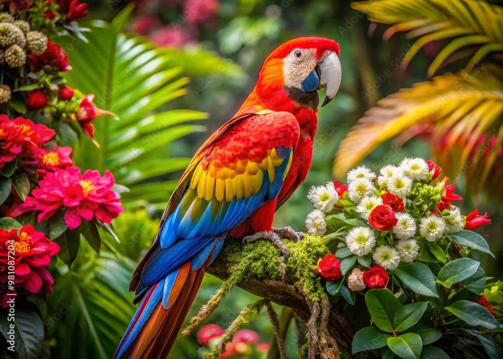 Vibrant macaw perches on a lush branch, surrounded by exotic flowers and leaves, in the heart of Brazil's Vibrant macaw perches on a lush branch, surrounded by exotic flowers and leaves, in the heart of Brazil's