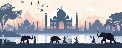 Ancient India, Taj Mahal, elephants, and dancers, cultural heritage silhouettes, black silhouette, vector illustration, flat style.