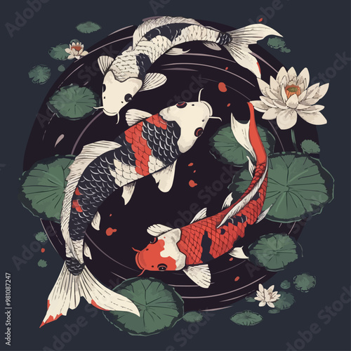 Artistic koi fish swimming in a pond with lotus flowers, serene and graceful, vector illustration for t-shirt, flat style.