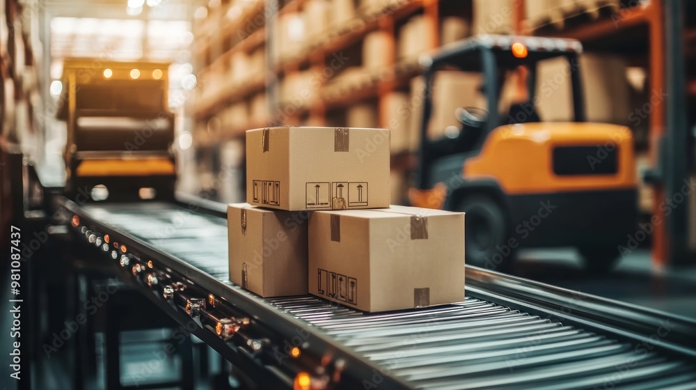 Conveyor Belt with Packages in Warehouse Conveyor Belt with Packages in Warehouse