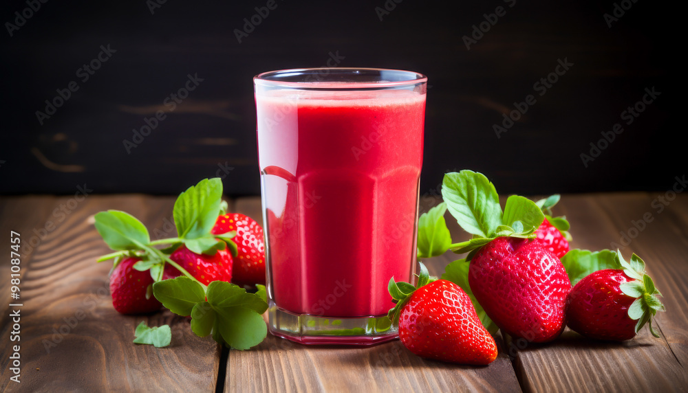 A refreshing strawberry smoothie in a glass, surrounded by whole strawberries and green leaves on a rustic wooden table, showcasing vibrant colors A refreshing strawberry smoothie in a glass, surrounded by whole strawberries and green leaves on a rustic wooden table, showcasing vibrant colors