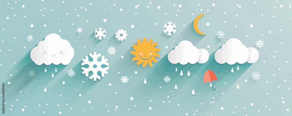 Group of weather icons depicting sun, cloud, rain, and snowflakes, vector illustration, flat style, icon set. Group of weather icons depicting sun, cloud, rain, and snowflakes, vector illustration, flat style, icon set.