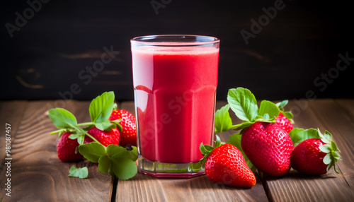 A refreshing strawberry smoothie in a glass, surrounded by whole strawberries and green leaves on a rustic wooden table, showcasing vibrant colors