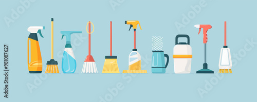 Assortment of cleaning supplies featuring broom, mop, and vacuum, vector illustration, flat style, icon set.