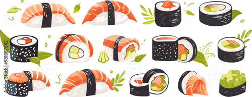 Assortment of delicious sushi rolls with fresh fish and seaweed, vector illustration, flat style, icon set.