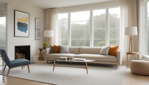 A serene, minimalist living room bathed in warm natural light, featuring a stylish low-profile sofa in a neutral tone.